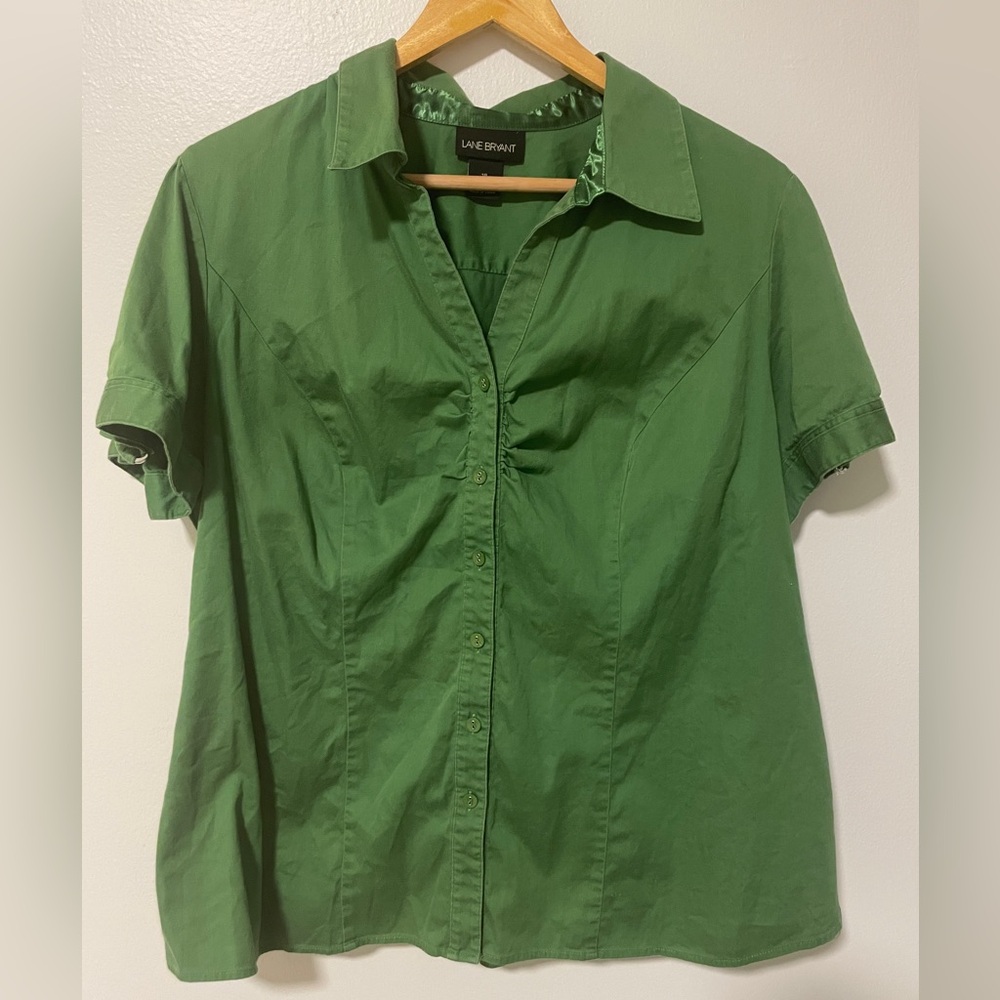 Lane Bryant Blouse Womens Size 18 Green Short Sleeve Ruched Collar Buckle Detail